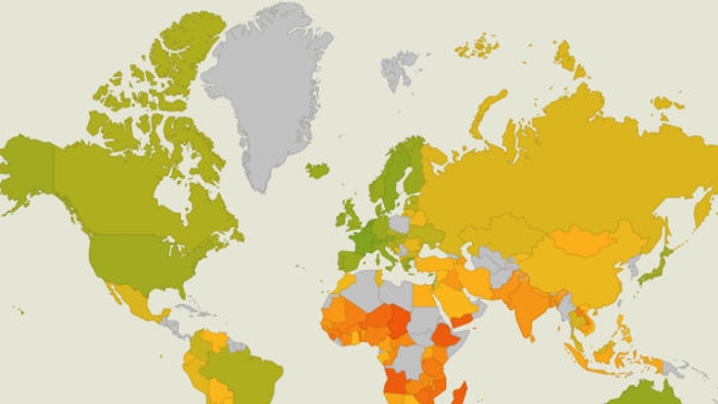 Les pays ayant reçu le score le plus bas (en vert) sont ceux où l'on ''mange le mieux'' (crédit : Oxfam)