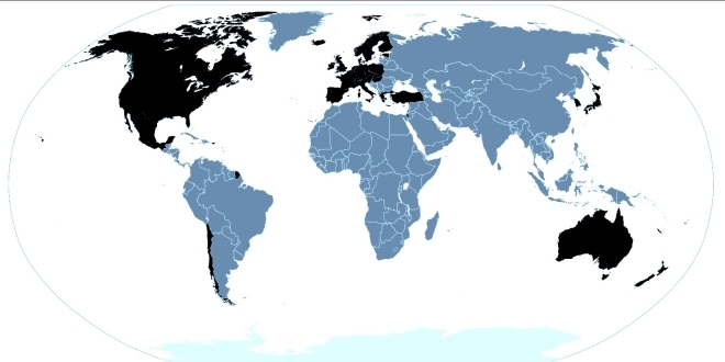 En noir, les 34 pays membres de l'OCDE