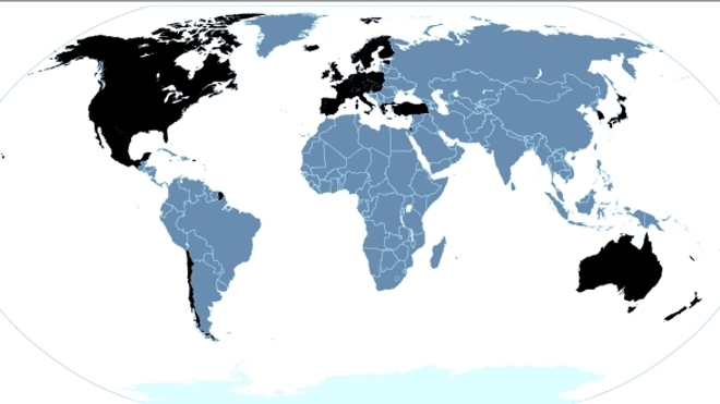 Carte des pays membres de l'OCDE.