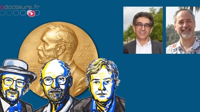 En vignette, de gauche à droite : Serge Birman, responsable de l'équipe "Gènes Circuits Rythmes et Neuropathologies" au laboratoire Plasticité du Cerveau, et André Klarsfeld, chercheur au même laboratoire. En bas : les lauréats du prix 2017.
