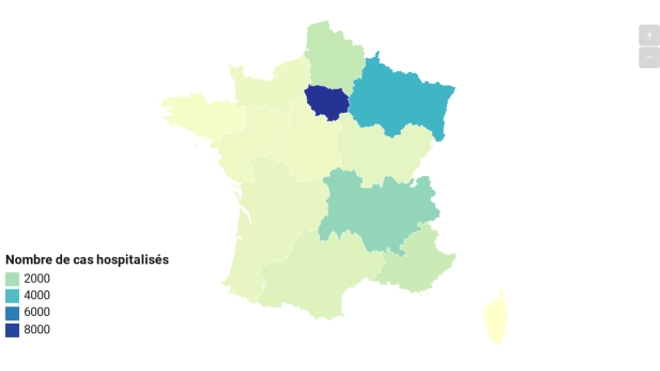 La plupart des hospitalisations se concentrent dans les régions du nord-est et en Provence-Alpes-Côte-d'Azur.