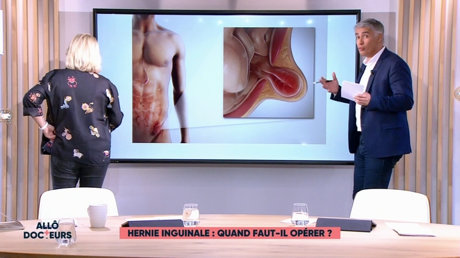 Marina Carrère d'Encausse et Régis Boxelé expliquent l'hernie inguinale.