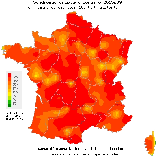 Syndrômes grippaux en France métropolitaine, situation observée du 23 février au 1er mars 2015. Carte établie par le réseau Sentinelles.