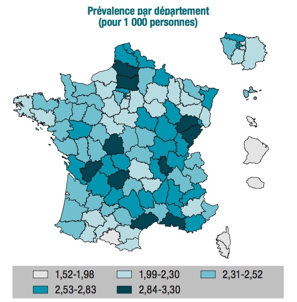 Prévalence départementale de la maladie de Parkinson en France en 2015. Crédits/source : Santé publique France & F. Moisan et al. 2018