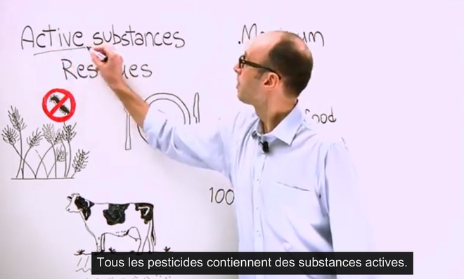 Extrait de la vidéo ''What are pesticides and how do they get into our food ?'' de l'Autorité européenne de sécurité des aliments (EFSA), focalisant le débat sur les dangers potentiels des seules substances actives. (Source : EFSAChannel)