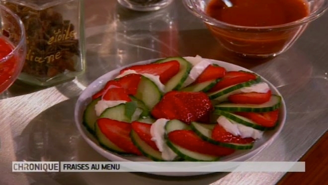 Carpaccio de fraises, concombre et mozarrella au basilic
