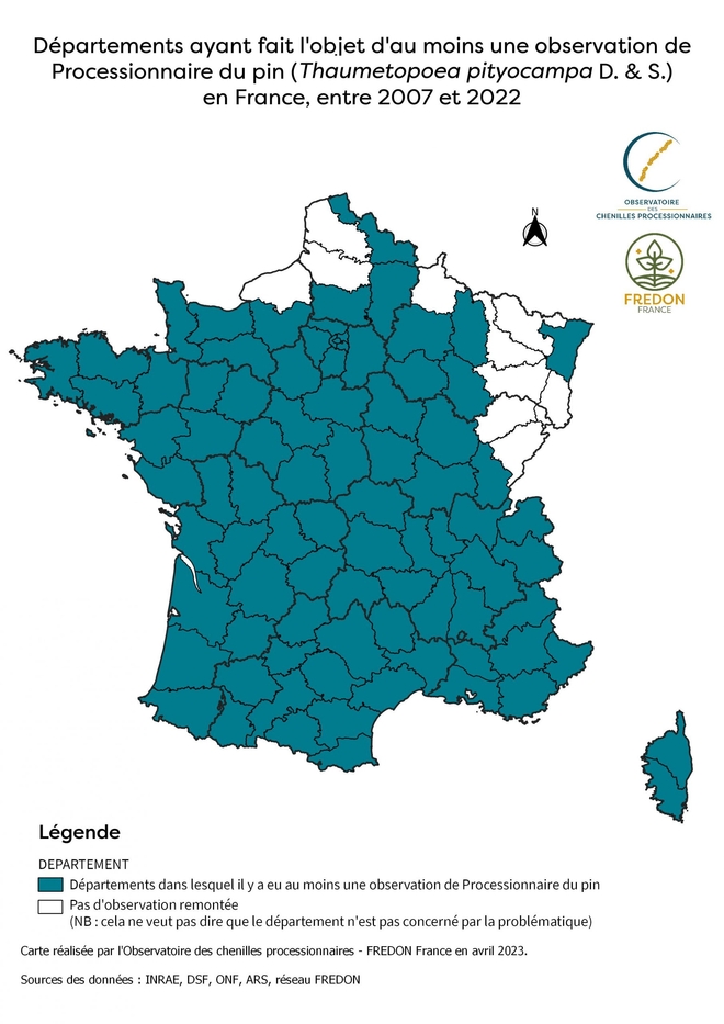 Carte de l'observation de la chenille processionnaire du pin en France entre 2007 et 2022