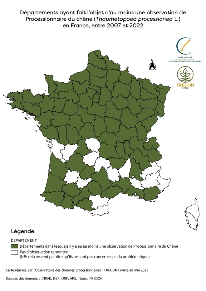 Carte de l'observation de la chenille processionnaire du chêne en France entre 2007 et 2022