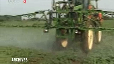Pulvérisation de DDT dans un champ de pommes de terre en 1955 en Allemagne, près de Leipzig. (Crédits : Krueger - Bundesarchiv, Bild 183-20820-0001 / CC-BY-SA)