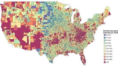 Taux de décès par overdose en 2014 dans une partie des Etats-Unis. (Source : CDC/NCHS, National Vital Statistics System. Crédits : L. Rossen, B. Bastian & Y. Chong.)