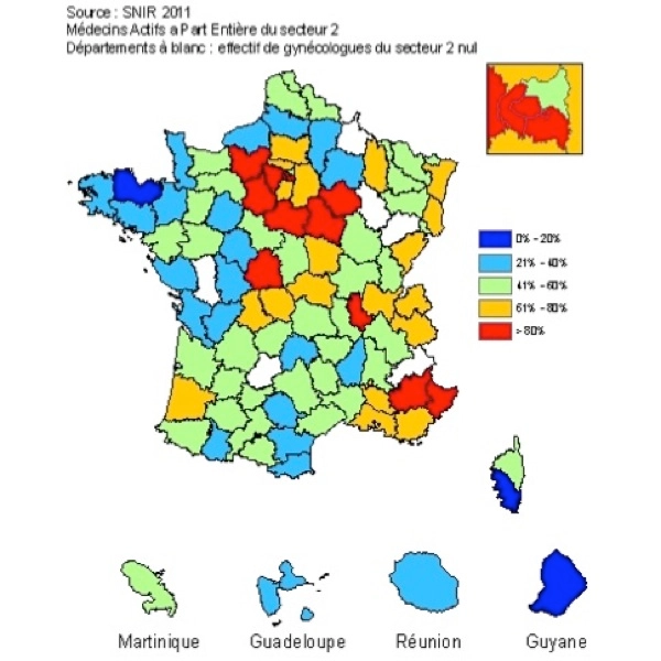 Taux de dépassement global des actes en gynécologie (cliquez pour agrandir la carte)