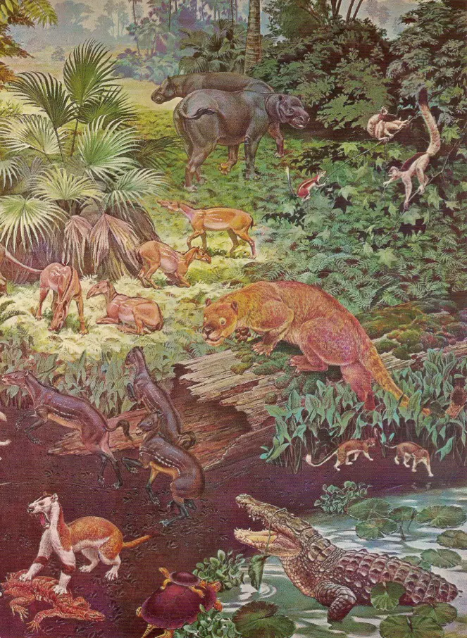 Fresque du Smithsonian Institute figurant quelques représentants de la ''faune de l'éocène en Amérique du Nord''. Le sang d'un certain nombre de ces animaux (ou celui de leurs ancêtres directs) aurait pu constituer le repas de notre moustique.