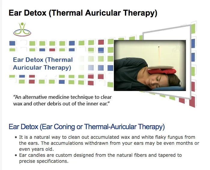 Site utilisant le concept de "détox" pour vendre des bougies auriculaires.
