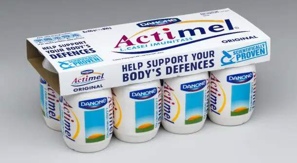 Ancien emballage nord-américain d'Actimel® (Danone), produit lancé il y a 20 ans à grands renforts d'allégations santé en lien avec l'immunité. Une action judiciaire à été entreprise aux Etats-Unis en 2008 contre son fabricant pour publicité mensongère.