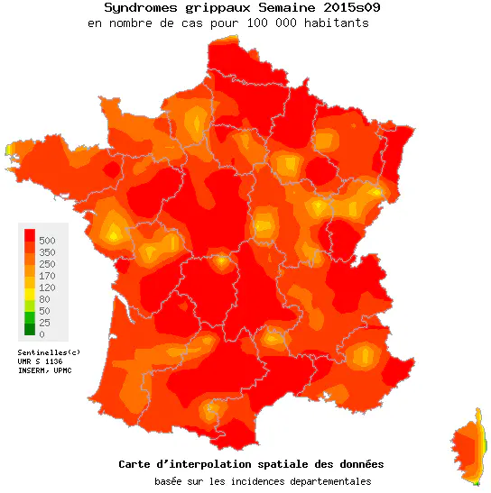 Syndrômes grippaux en France métropolitaine, situation observée du 23 février au 1er mars 2015. Carte établie par le réseau Sentinelles.