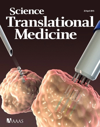 La Une du Science Translational Medicine du 22 avril 2015. A gauche, le dispositif du MIT, à droite le CIVO™ de la société Presage Bioscience (crédits : C. Bickel / Science Translational Medicine)