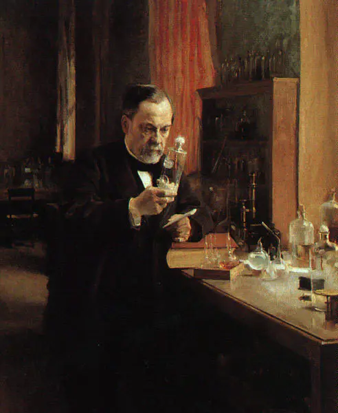Louis Pasteur dans son laboratoire, tenant dans sa main un bocal contenant des moelles de lapins enragés