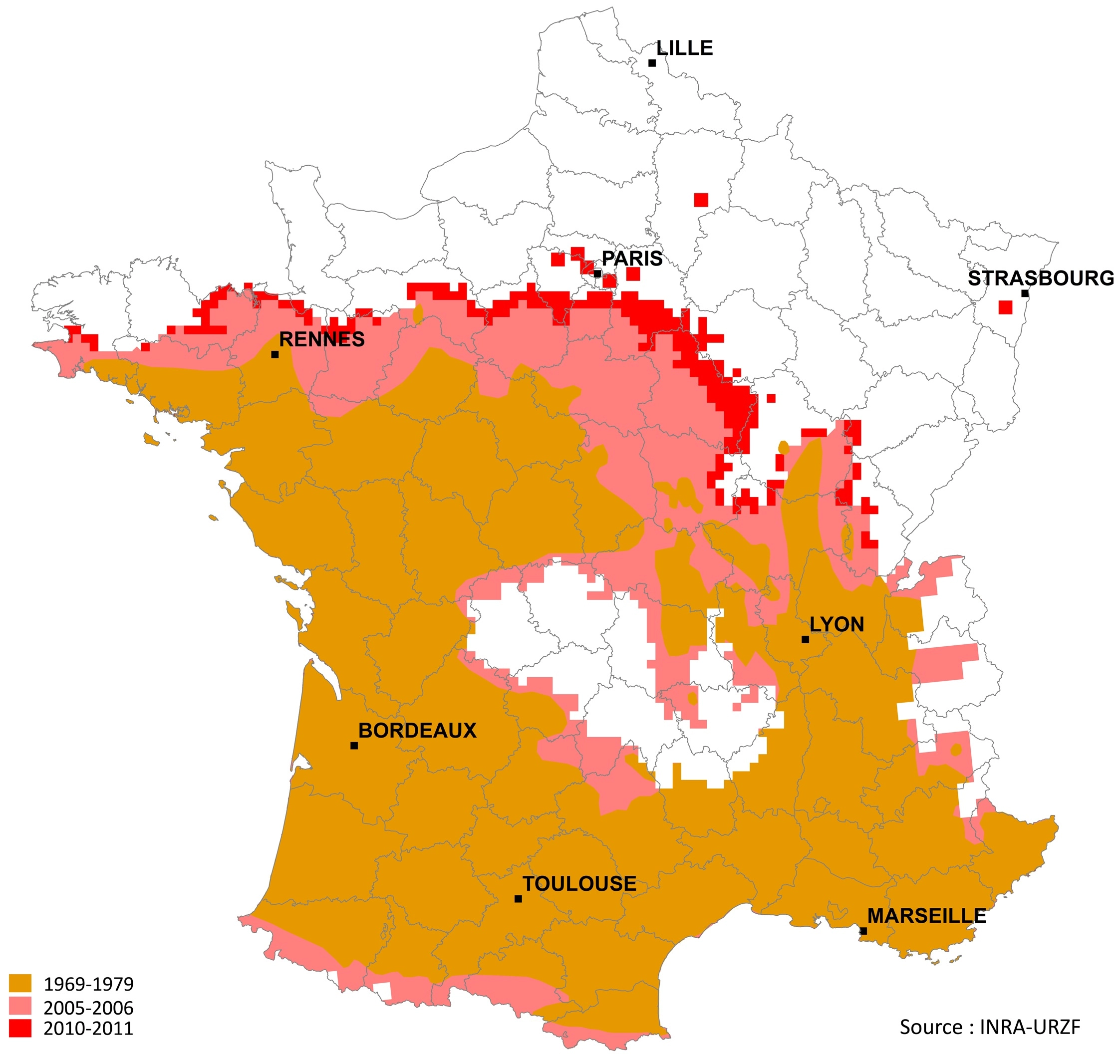 Progression de la chenille processionnaire de 1965 à nos jours.
