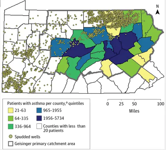 Carte de l'emplacement des forages et des patients souffrant d'asthme depuis décembre 2012