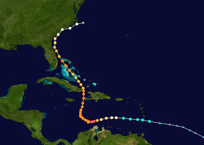 Trajet de l'ouragan Mathews, début octobre 2016. (crédits : Cyclonebiskit)