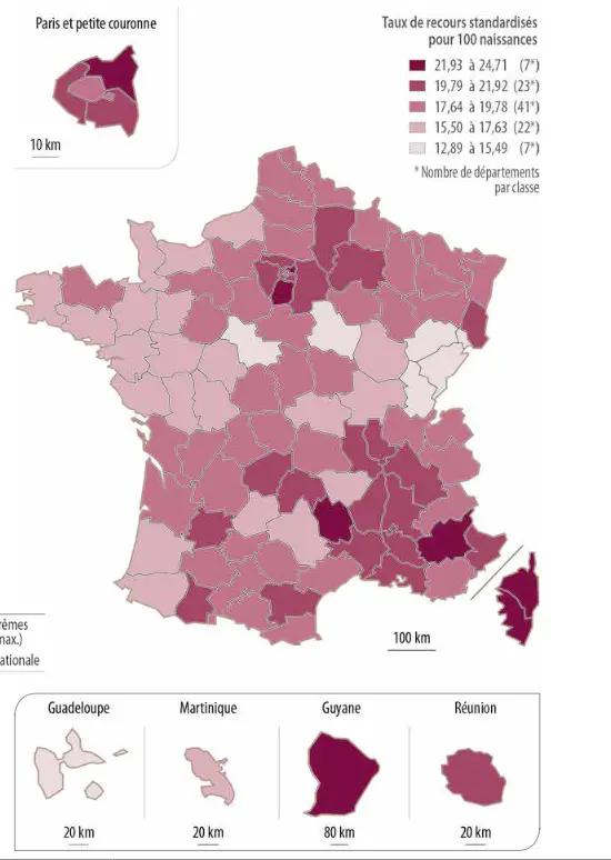 Carte des fréquences des césariennes programmées en France (IRDES)