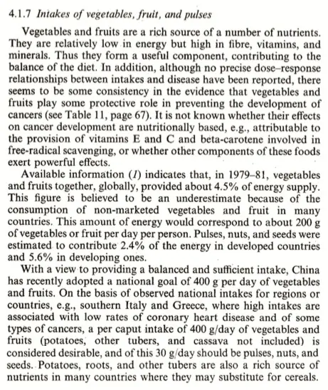 Extrait du rapport de l'OMS de 1990 établissement l'objectif de 400 grammes (5x80) de fruits et légumes quotidiens.