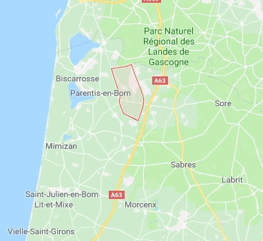 En rouge, la ville d'Ychoux