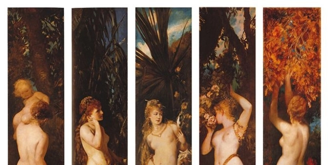''Le toucher, ''L'ouïe'', ''La vue'', ''L'odorat'', ''Le goût''. (tableaux de Hans Makart, peints entre 1872 et 1879)