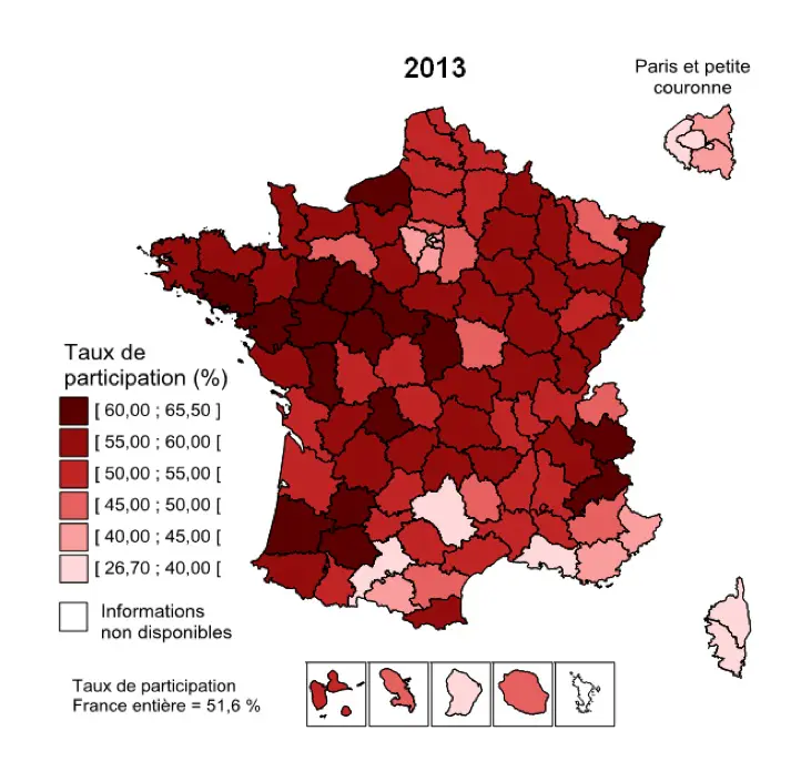 Taux de participation au dépistage organisé, par départements, en 2013 (crédits : INCa)