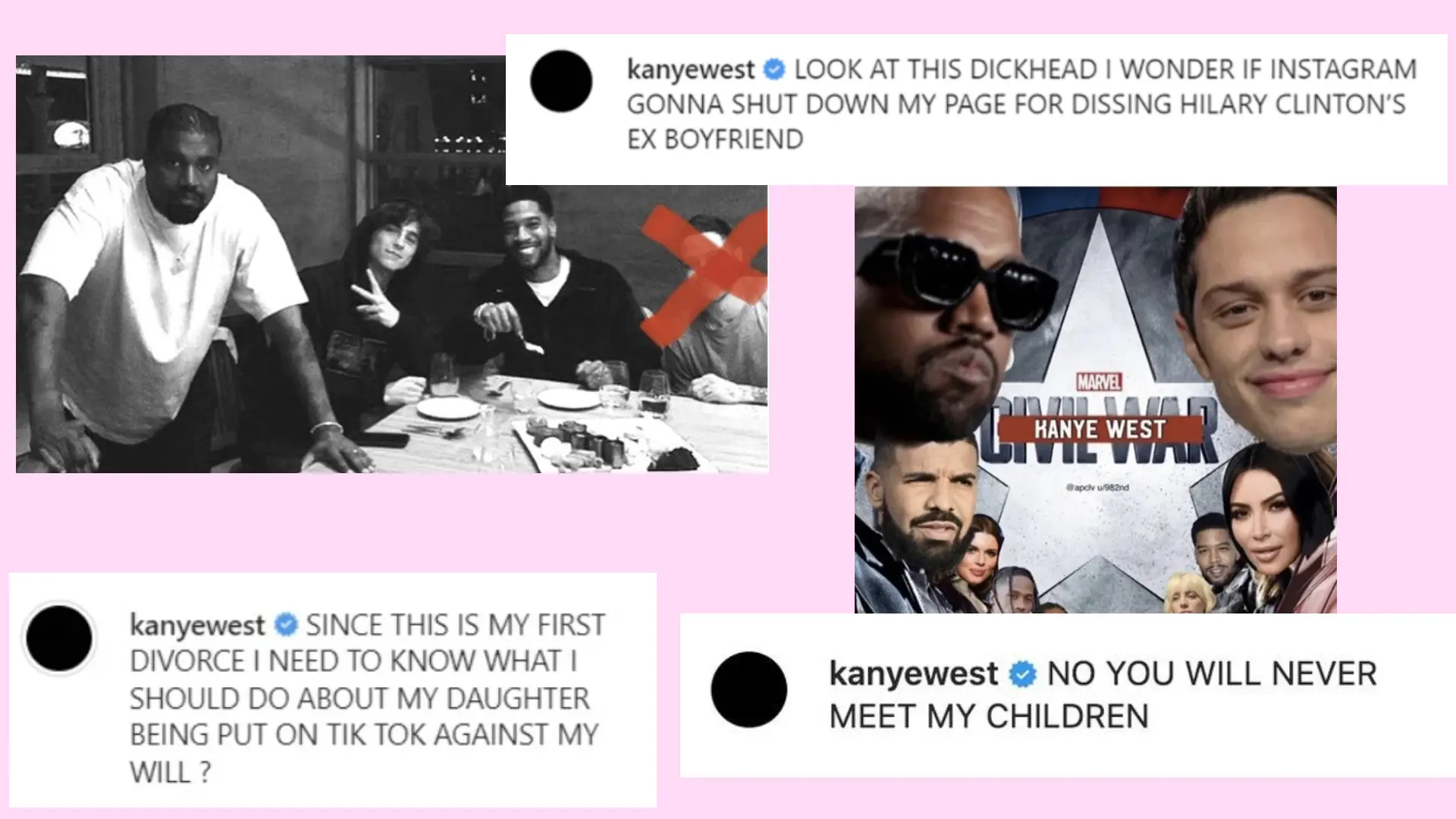 Quelques messages postés par Kanye West sur ses réseaux sociaux.